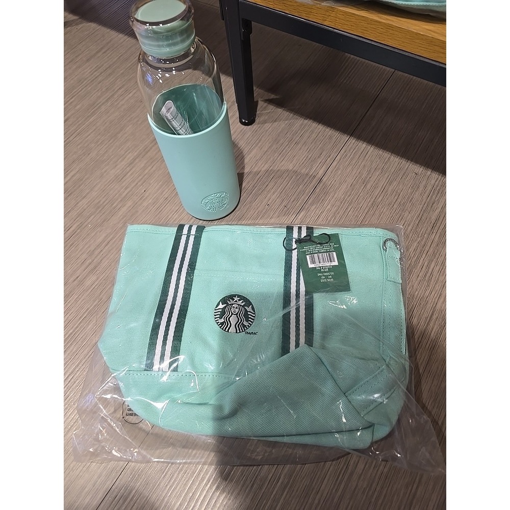 STARBUCKS ROAD TRIP COLLECTION CANVAS TOTE &MATCHING GLASS SILICONE BOTTLE 24 oz